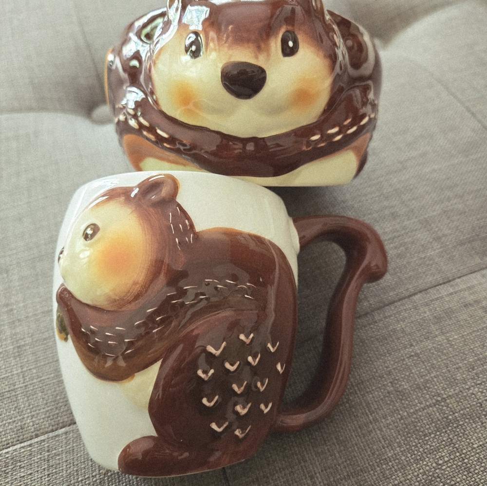 Squirrel Mug & Bowl Set Brown Cream Whimsical Animal Kitchen Decor ADHD Gift - Picture 7 of 7